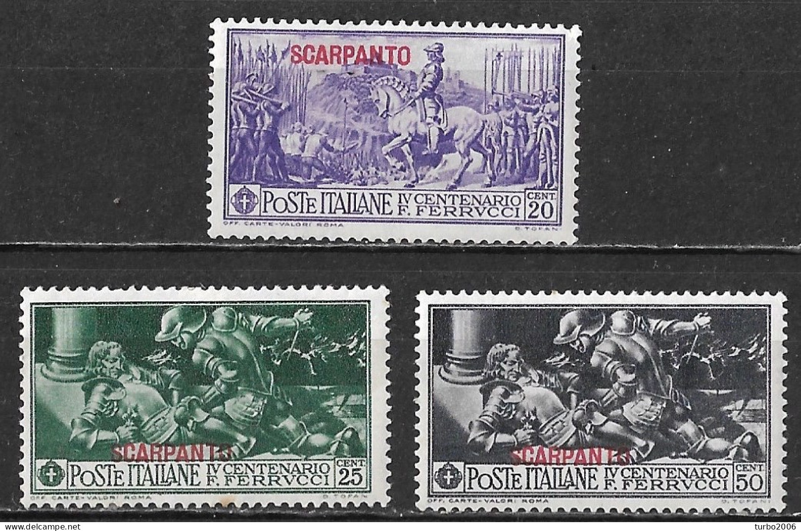 DODECANESE 1930 Stamp Of Italy Ferrucci Set With Overprint SCARPANTO 3 Values From The Set Vl. 12 / 14 MH - Dodekanisos