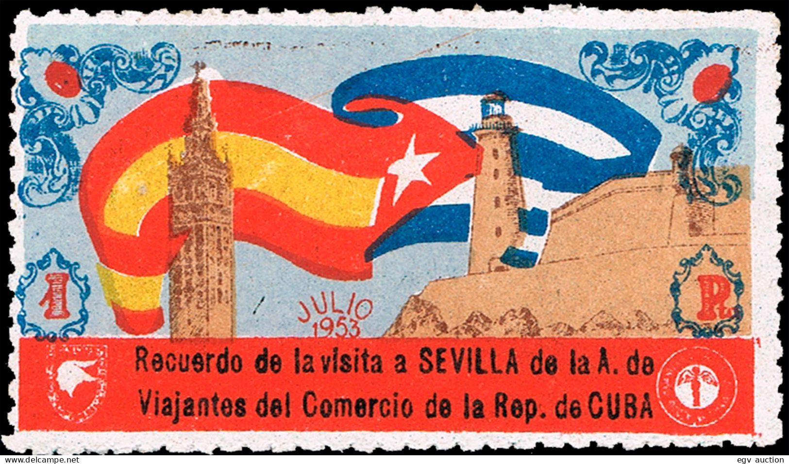 Sevilla - Viñetas - S/Cat ** - 1953 -  "Recuerdo De La Visita A Sevilla De La A. De Viajantes Del Comercio De Cuba" - Vignettes De Fantaisie