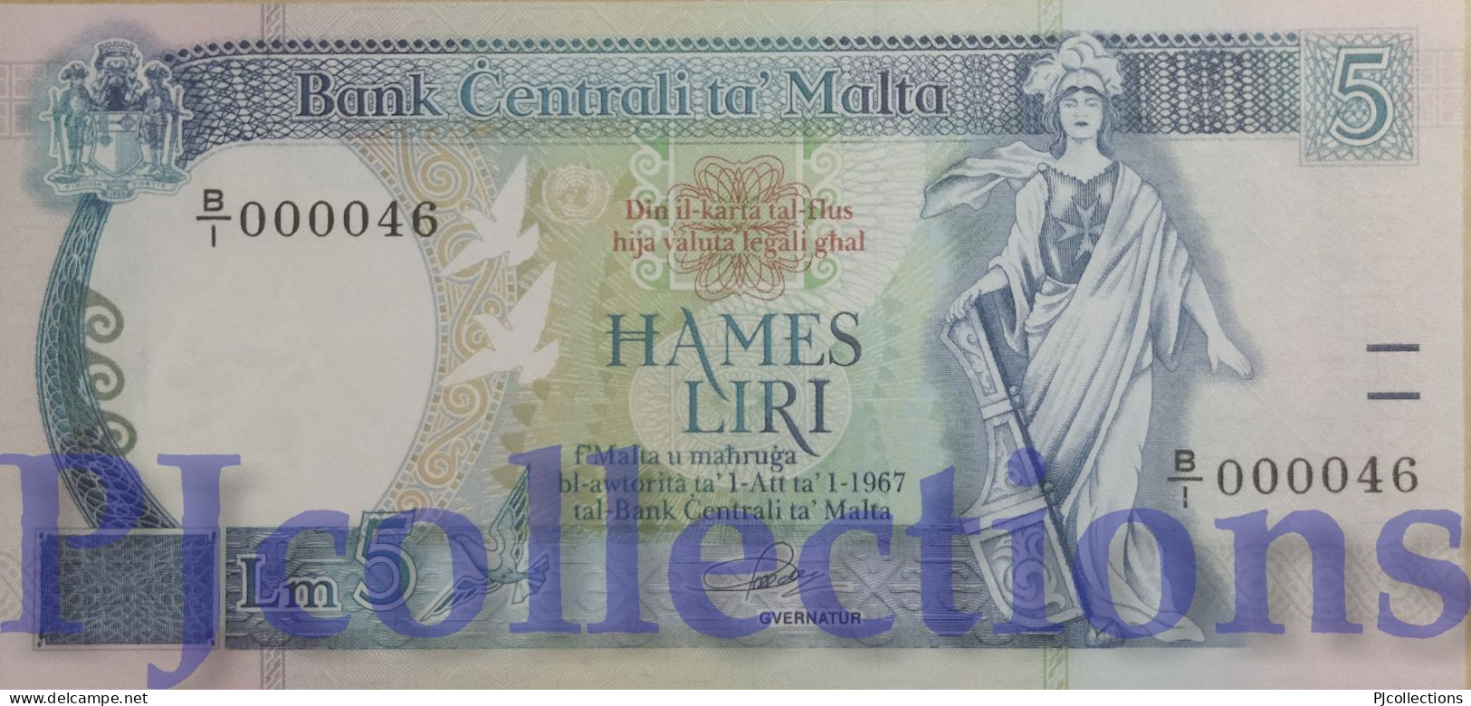 MALTA 5 LIRI 1989 PICK 42 UNC LOW SERIAL NUMBER "B/1 000046" - Malta