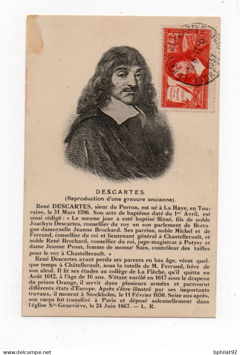 !!! CARTE MAXIMUM DESCARTES DISCOURS DE LA METHODE CACHET DE LA HAYE DESCARTES 11/6/1937 - 1930-1939