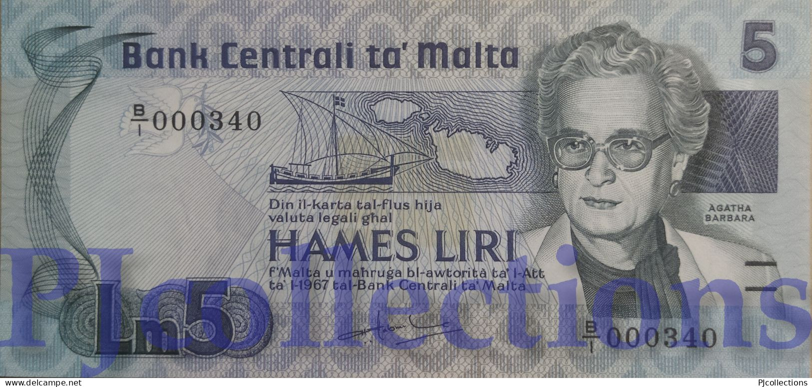 MALTA 5 LIRI 1986 PICK 38 UNC LOW SERIAL NUMBER "B/1 000340" - Malte