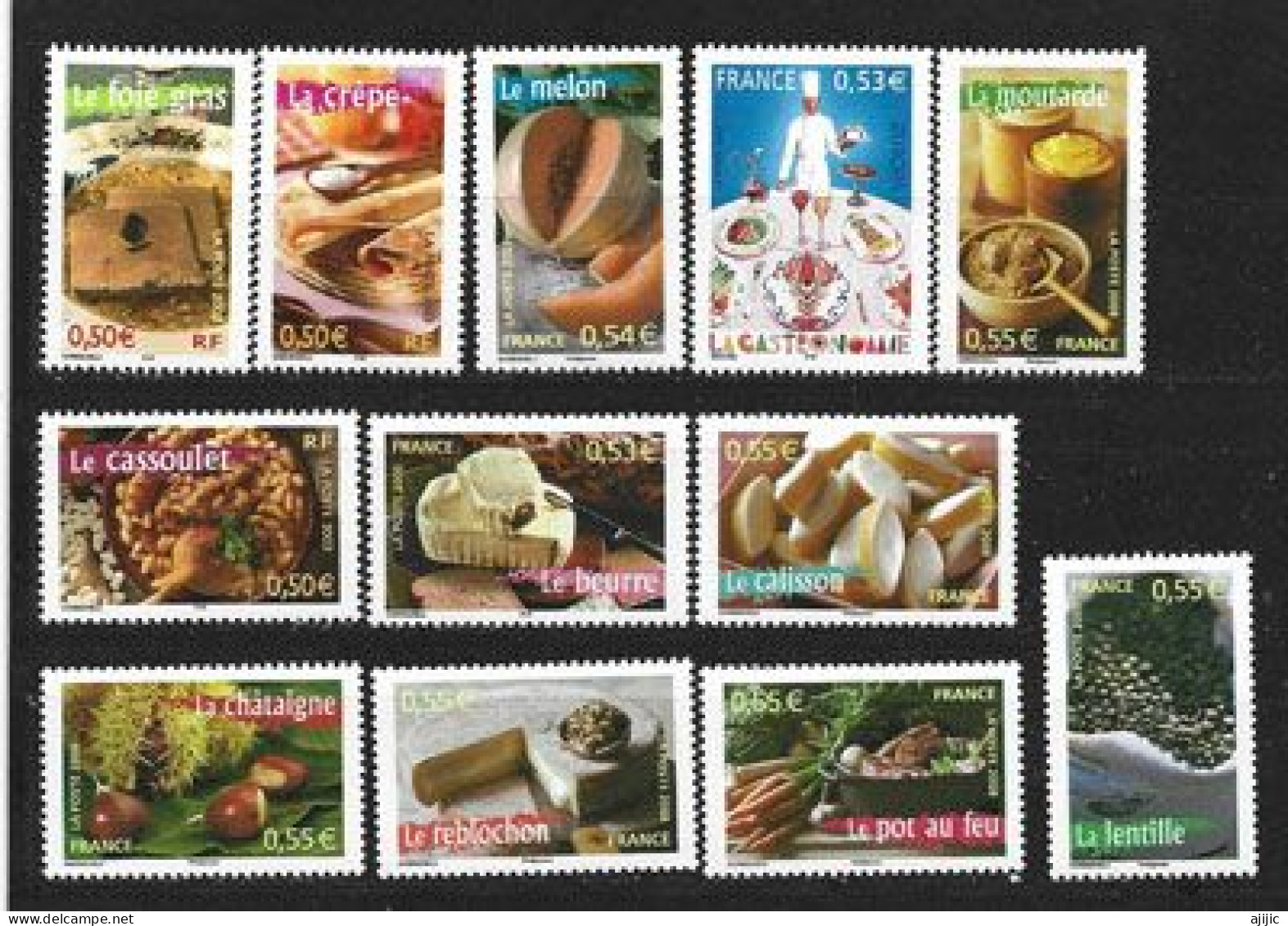 FRANCE. La Gastronomie Francaise.(le Reblochon,Calisson,Crêpe,Foie Gras,Cassoulet,Beurre,etc) 12 Timbres Neufs ** Lot #1 - Alimentation