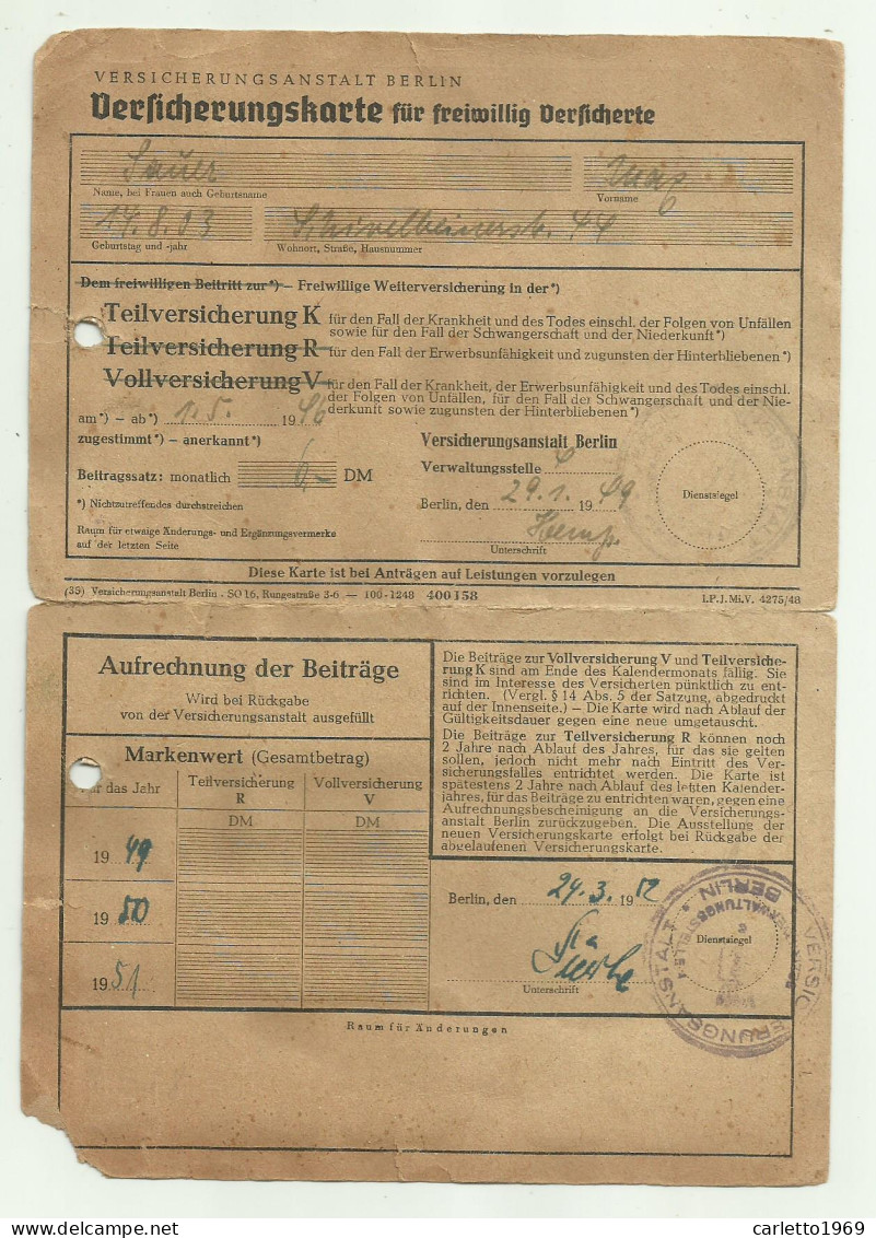 DOCUMENTO ASSICURAZIONE GERMANIA 1949 AL 1951  - Documents Historiques