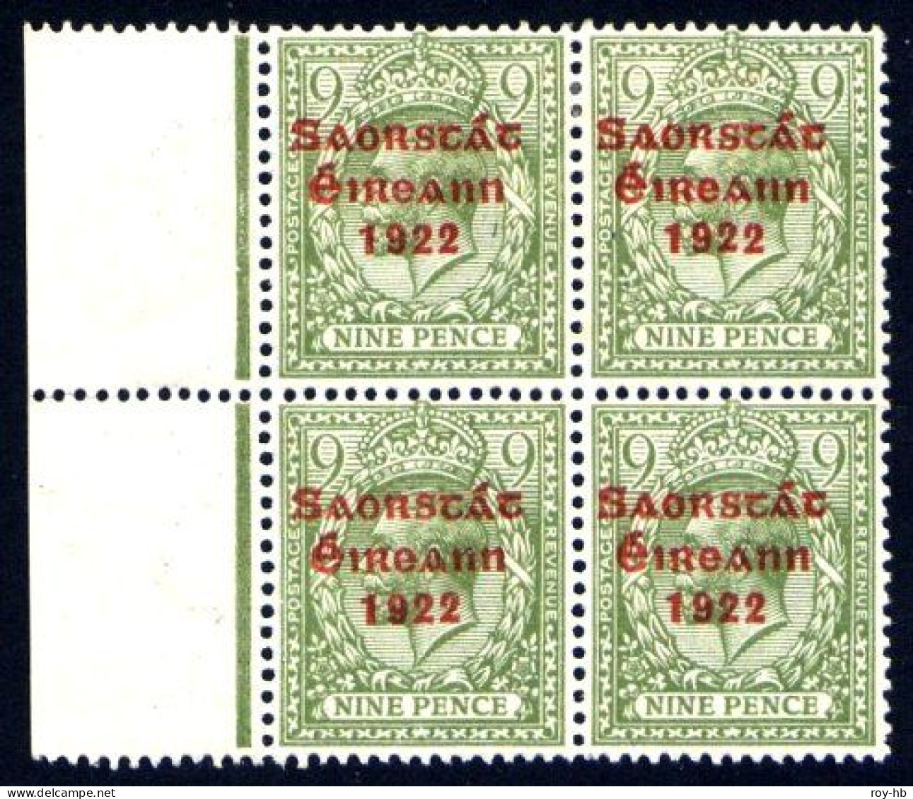 1922 Thom Saorstát 9d Left Marginal Block Of 4, Lower Left Stamp With Q In Postage From R.3/1, Error Stamp U/m Mint - Unused Stamps