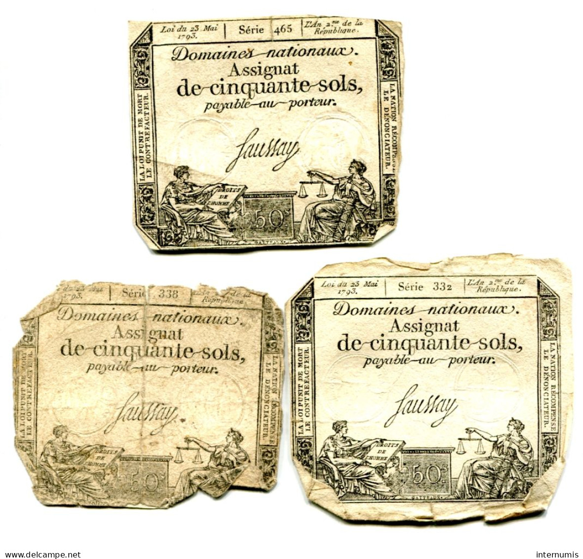 (2) Assignats 50 Sols, La Révolution, Loi 23 Mai 1793,  Séries 332, 338 & 465, Ass-42b, Laf.167, P#A70b - Assignats & Mandats Territoriaux