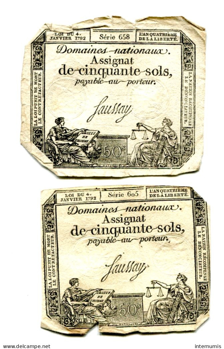 (2) Assignats 50 Sols, La Révolution, Loi 4 Janvier 1792,  Séries 605 & 658, Ass-26a, Laf.150, P#A56 - Assignats