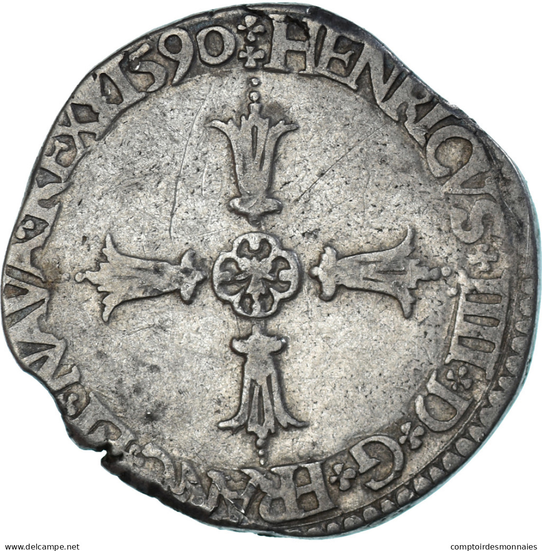 Monnaie, France, Henri IV, 1/4 Ecu, 1590, La Rochelle, 3rd Type, TB+, Argent - 1589-1610 Enrique IV