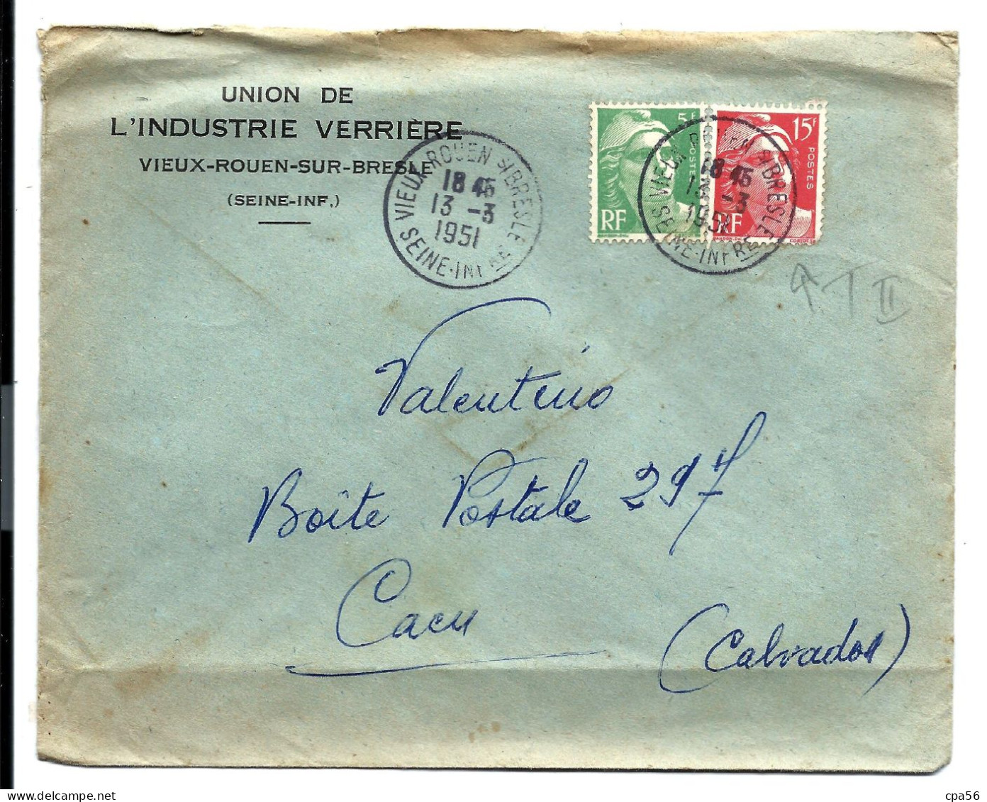 INDUSTRIE VERRIÈRE - Thème VERRE - VIEUX ROUEN Sur BRESLE 1951 - Enveloppe Avec 2 GANDON Dont Type II - Fabrieken En Industrieën