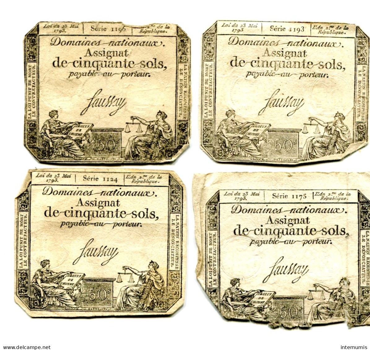 (4) Assignats 50 Sols, La Révolution, Loi 23 Mai 1793,  Séries 1124, 1175, 1193 & 1196, Ass-42b, Laf.167, P#A70b - Assignats