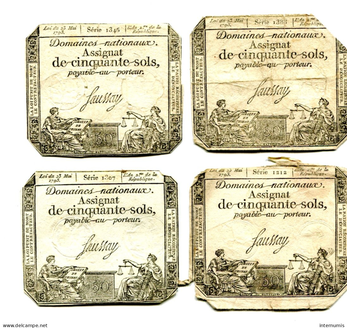 (4) Assignats 50 Sols, La Révolution, Loi 23 Mai 1793,  Séries 1212, 1307, 1345 & 1388, Ass-42b, Laf.167, P#A70b - Assignats