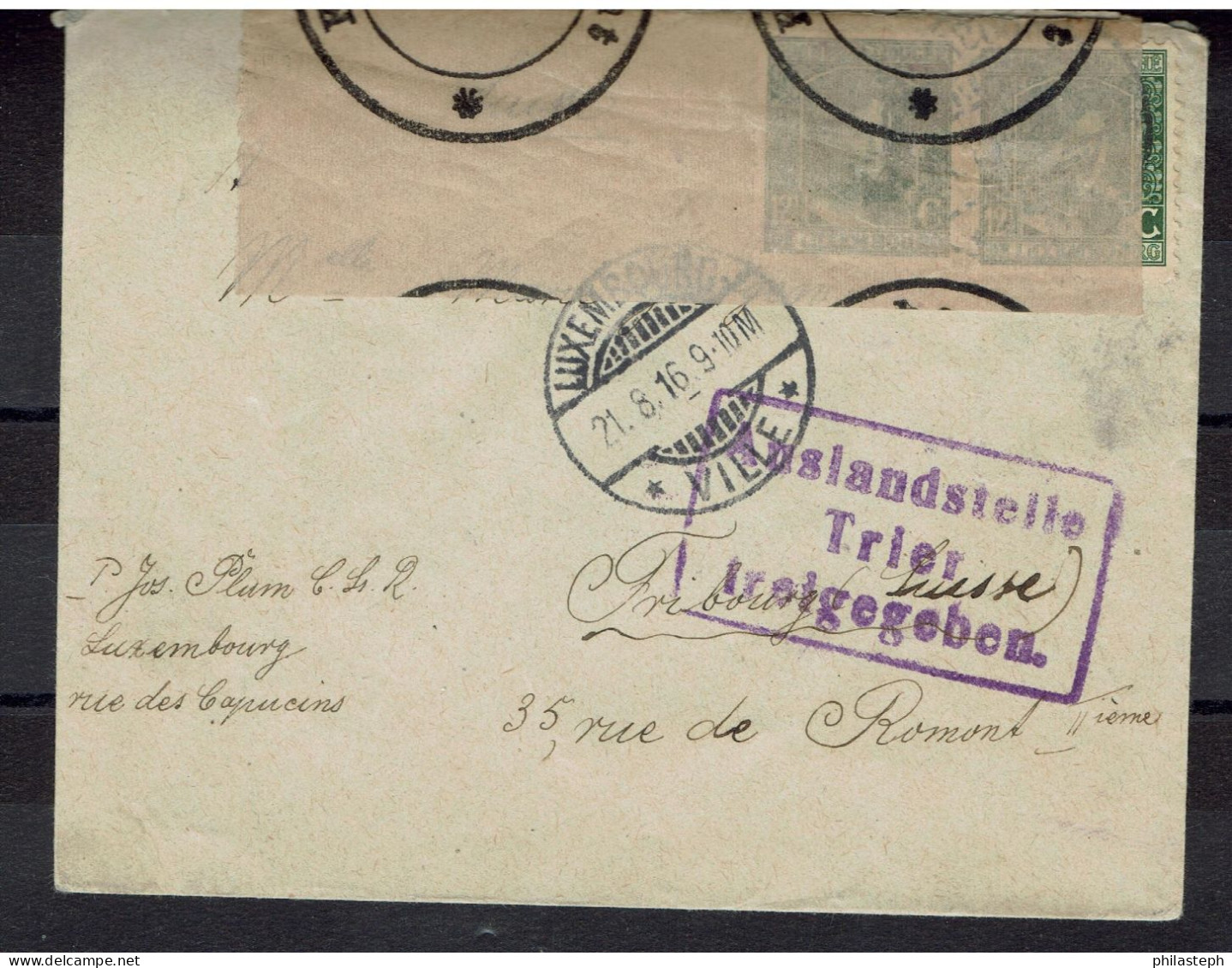 LUXEMBOURG 1916 - YT 96 X2 Sur ESC - CAD LUXEMBOURG VILLE POUR FRIBOURG SUISSE - 1914-24 Marie-Adélaida