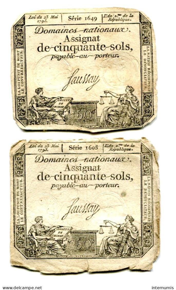 (2) Assignats 50 Sols, La Révolution, Loi 23 Mai 1793,  Séries 1605 & 1649, Ass-42b, Laf.167, P#A70b - Assignats