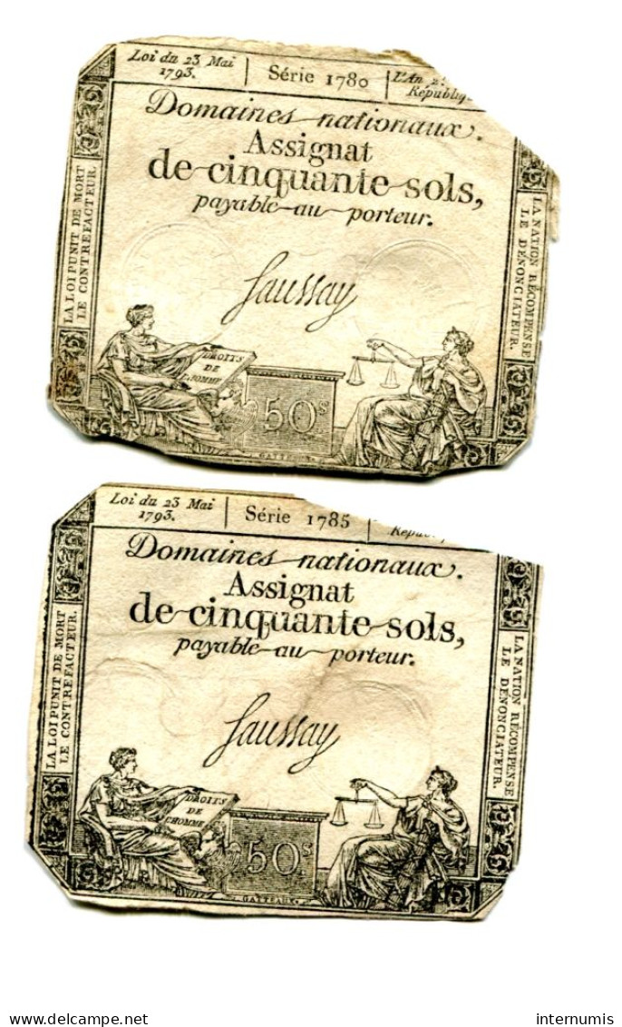 (2) Assignats 50 Sols, La Révolution, Loi 23 Mai 1793,  Séries 1780 & 1785, Ass-42b, Laf.167, P#A70b - Assignats