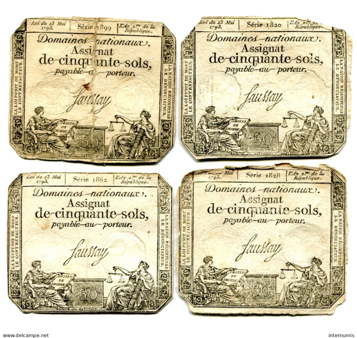 (4) Assignats 50 Sols, La Révolution, Loi 23 Mai 1793,  Séries 1820, 1828, 1862 & 1899, Ass-42b, Laf.167, P#A70b - Assignats