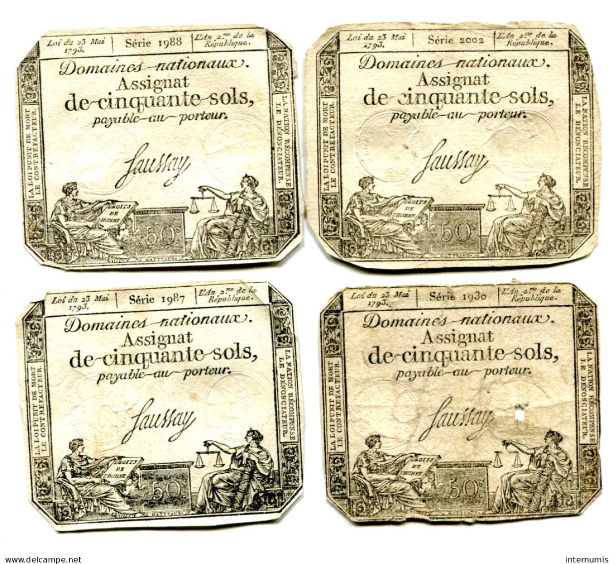 (4) Assignats 50 Sols, La Révolution, Loi 23 Mai 1793,  Séries 1930, 1987, 1988 & 2002, Ass-42b, Laf.167, P#A70b - Assignats & Mandats Territoriaux