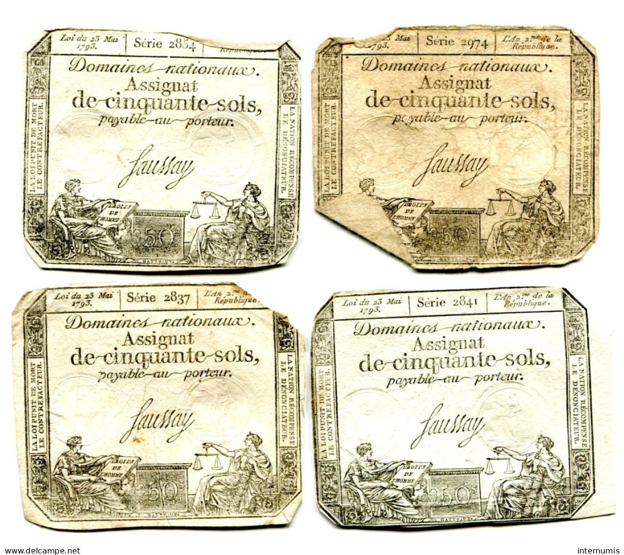 (4) Assignats 50 Sols, La Révolution, Loi 23 Mai 1793,  Séries 2838, 2841, 2854 & 2974, Ass-26a, Laf.150, P#A56 - Assignate