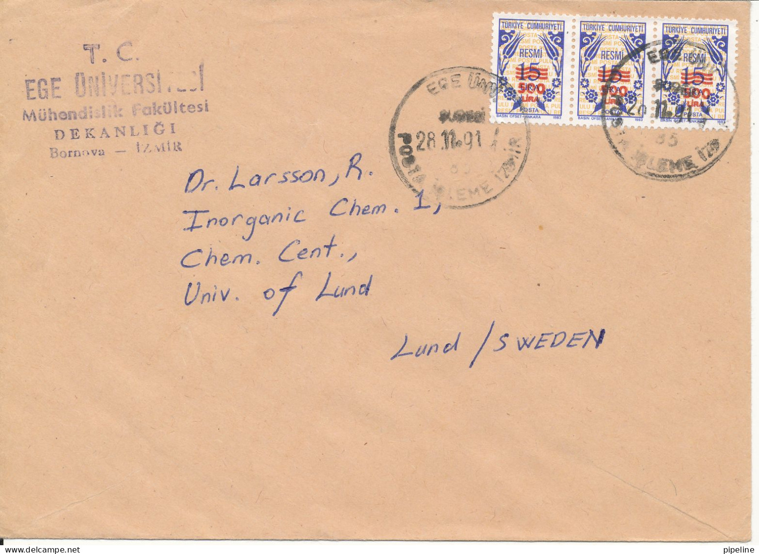 Turkey Cover Sent To Sweden 28-11-1991 - Briefe U. Dokumente