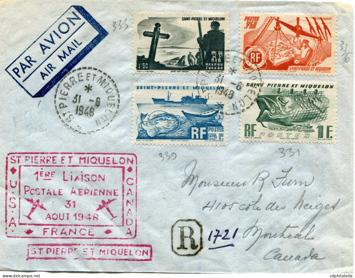 SAINT PIERRE ET MIQUELON LETTRE  RECOMMANDEE PAR AVION AVEC CACHET "...1ere LIAISON POSTALE AERIENNE 31 AOUT 1948..".... - Briefe U. Dokumente