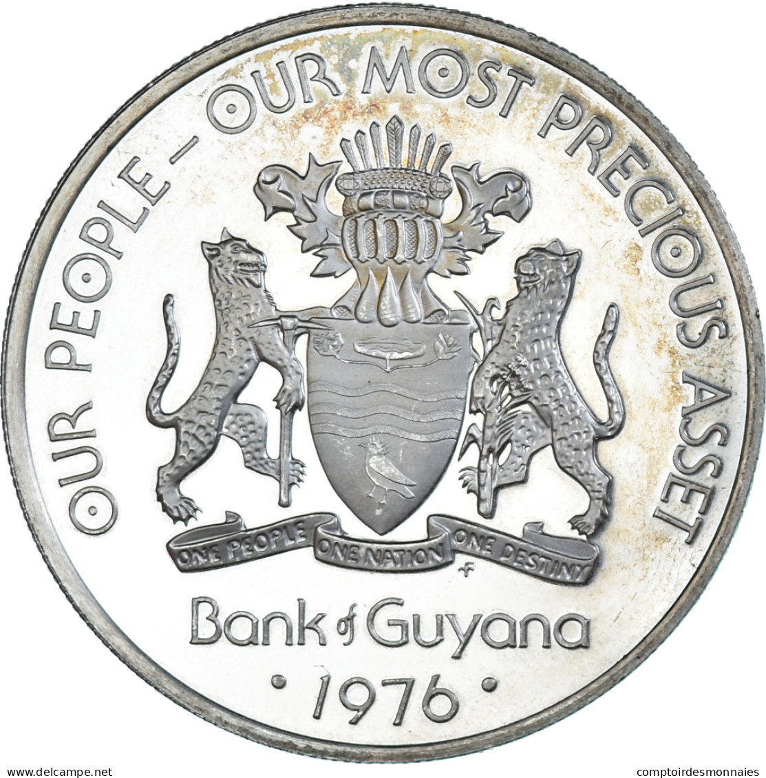 Monnaie, Guyana, 5 Dollars, 1976, Franklin Mint, BE, SPL, Argent, KM:43a - Guyana