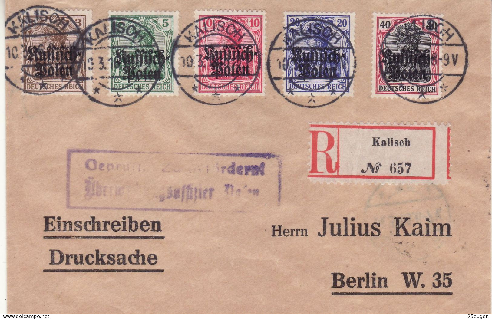 GERMAN OCCUPATION 1916 MICHEL No: 1 -  5  On R - Letter Sent From KALISZ To BERLIN - Covers & Documents