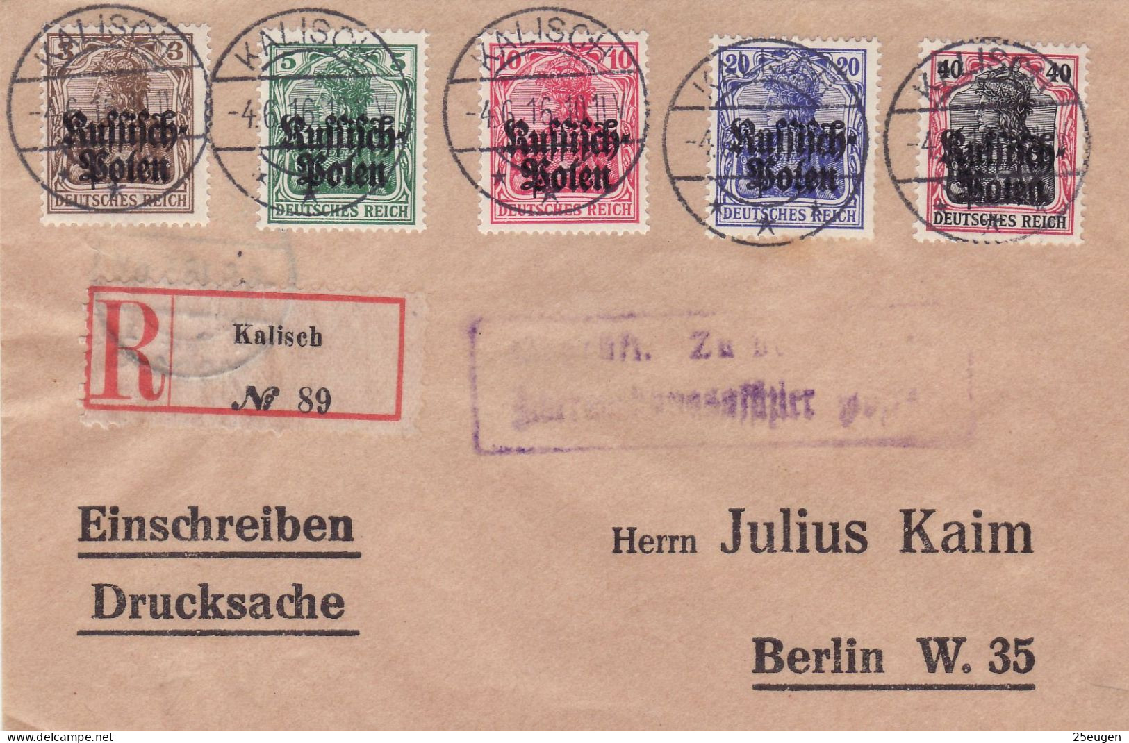 GERMAN OCCUPATION 1916 MICHEL No: 1 -  5  On R - Letter Sent From KALISZ To BERLIN - Covers & Documents