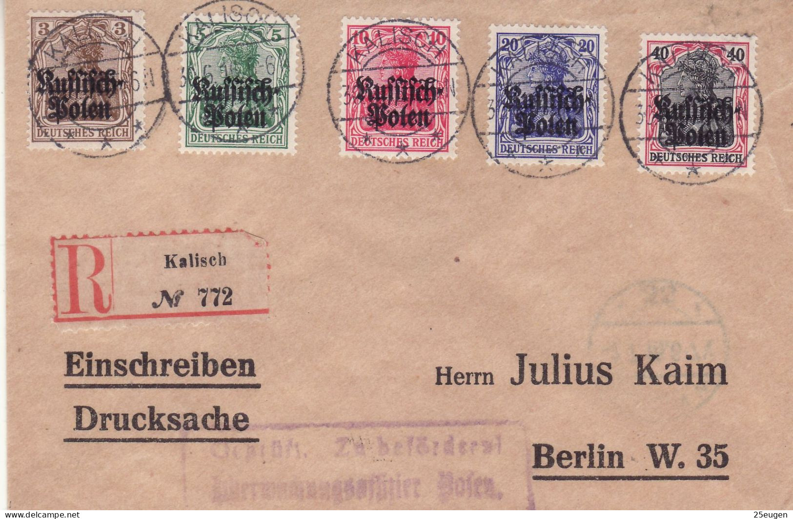 GERMAN OCCUPATION 1916 MICHEL No: 1 -  5  On R - Letter Sent From KALISZ To BERLIN - Cartas & Documentos