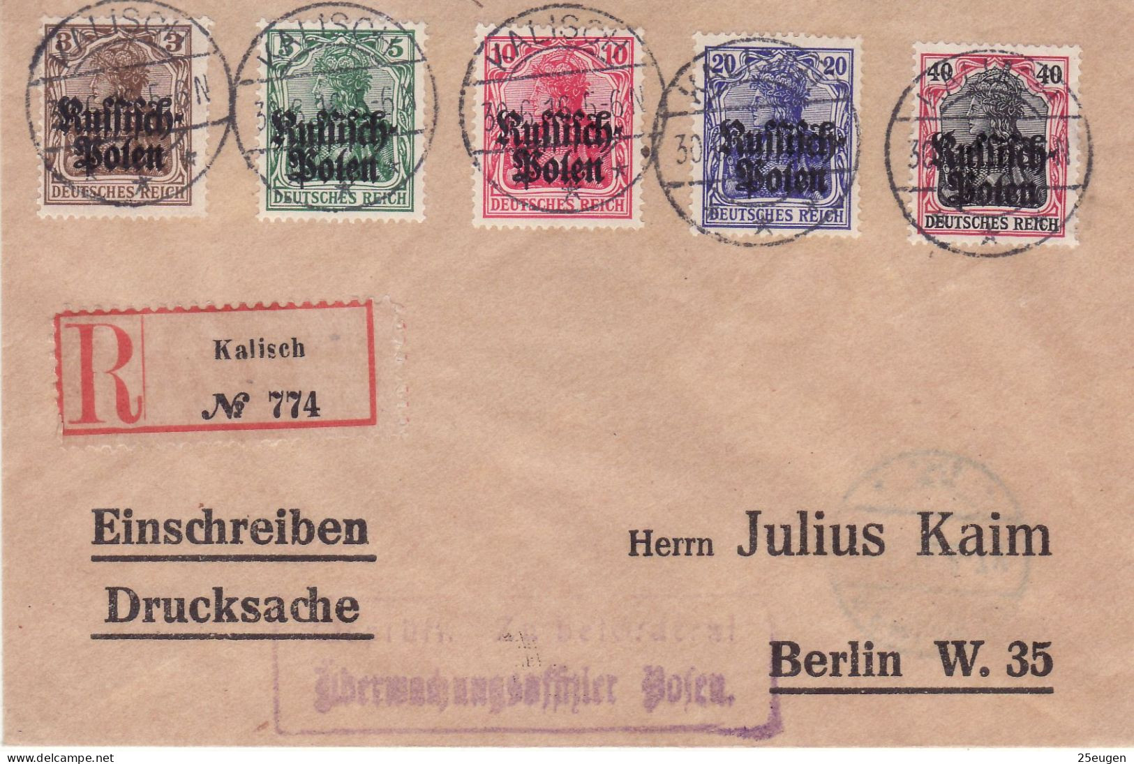GERMAN OCCUPATION 1916 MICHEL No: 1 -  5  On R - Letter Sent From KALISZ To BERLIN - Cartas & Documentos