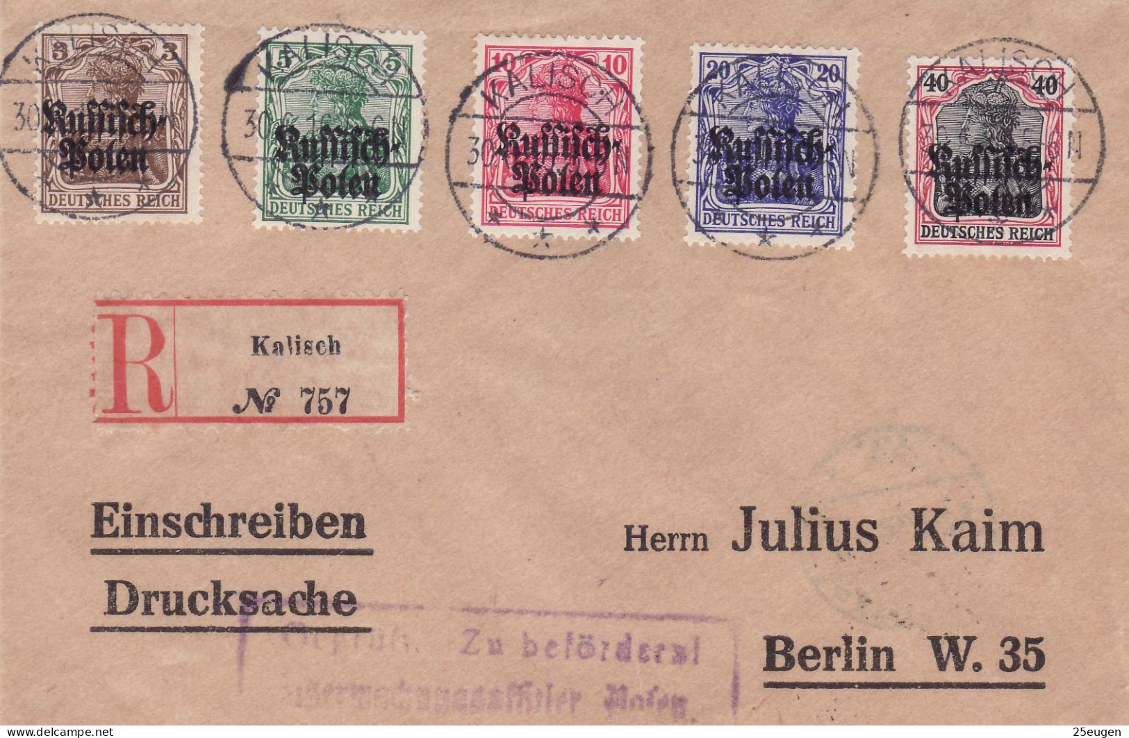 GERMAN OCCUPATION 1916 MICHEL No: 1 -  5  On R - Letter Sent From KALISZ To BERLIN - Lettres & Documents