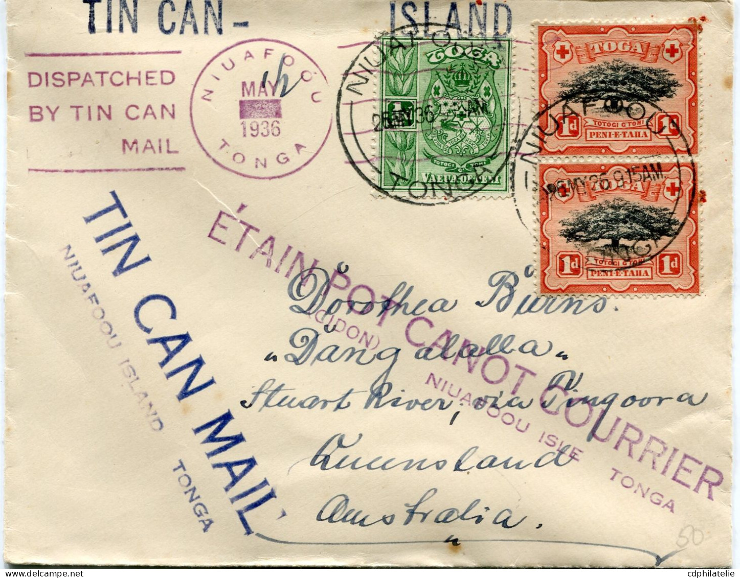 TONGA LETTRE AVEC CACHET " TIN CAN MAIL..." ET " ETAIN POT CANOT COURRIER...." DEPART NIUAFOOU 26 MY 36 POUR L'AUSTRALIE - Tonga (...-1970)