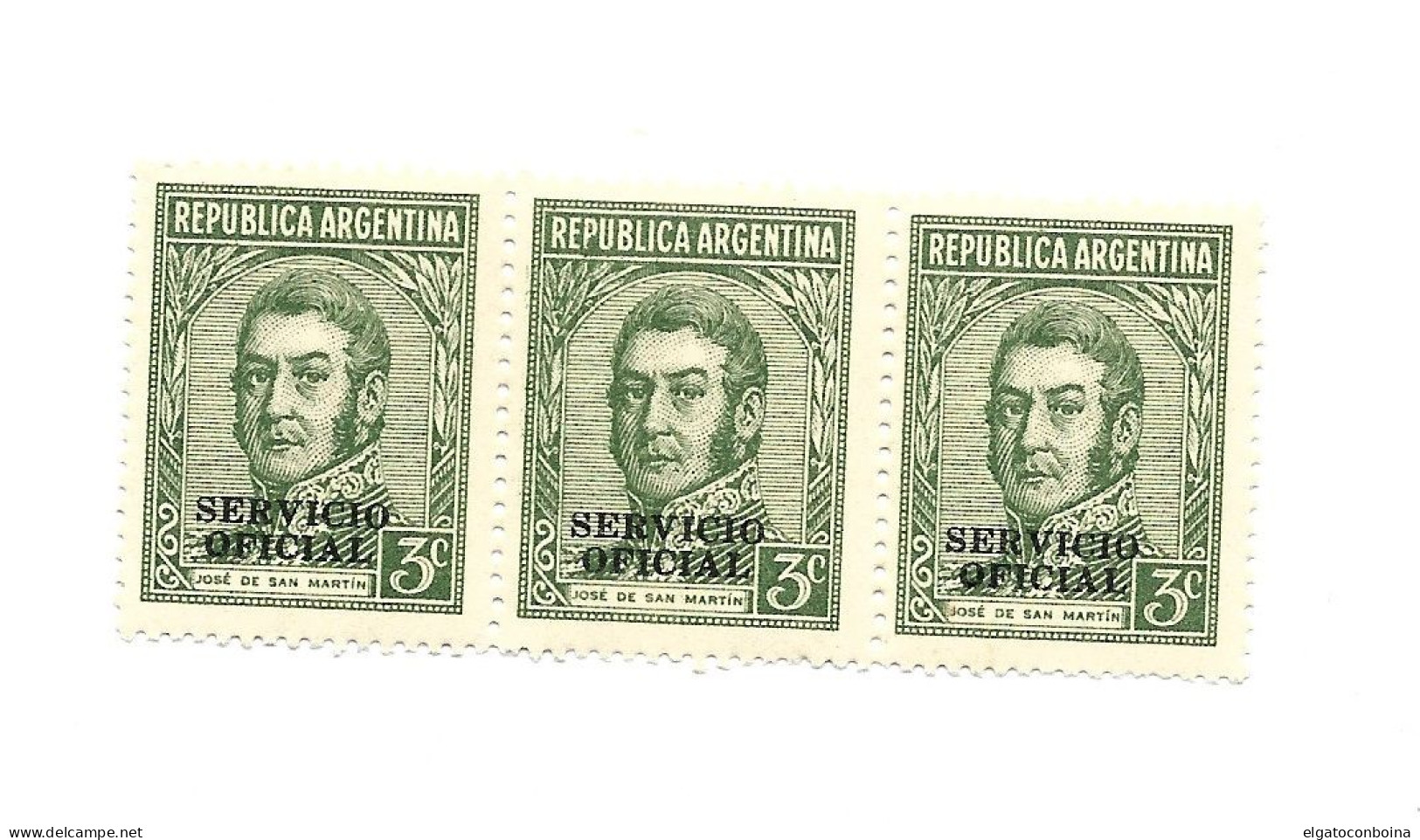 ARGENTINA 1939 SAN MARTIN OVERPRINTED OFFICIAL SERVICE SC O39 MI D33 MINT STRIP X 3 - Unused Stamps
