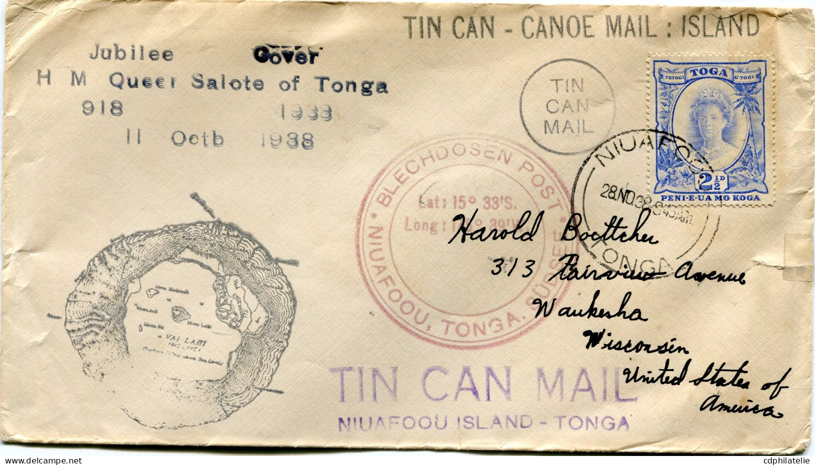 TONGA LETTRE AVEC CACHET " TIN CAN MAIL..." ET " TIN CAN - CANOE MAIL ISLAND " DEPART NIUAFOOU 28 NO 38 POUR LES........ - Tonga (...-1970)