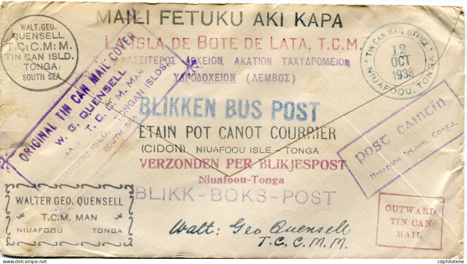 TONGA LETTRE AVEC CACHET " TIN CAN MAIL..." ET " TIN CAN - CANOE MAIL ISLAND " DEPART NIUAFOOU 28 NO 38 POUR LES........ - Tonga (...-1970)