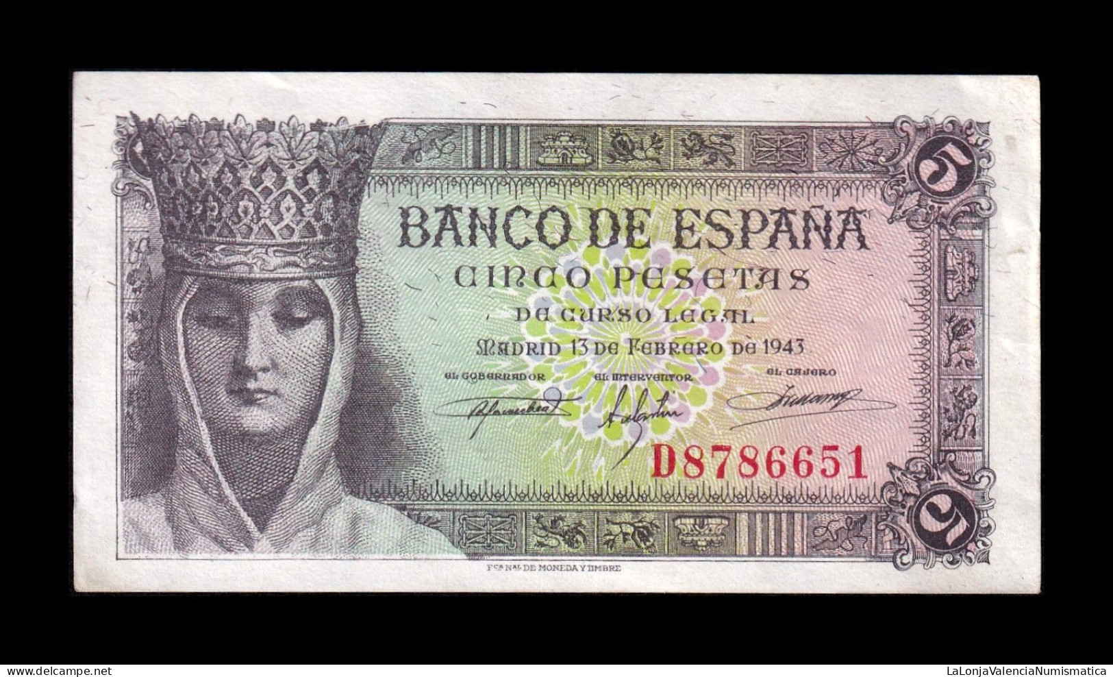 España Spain 5 Pesetas Isabel I De Castilla 1943 Pick 127 Serie D Sc- AUnc - 5 Pesetas