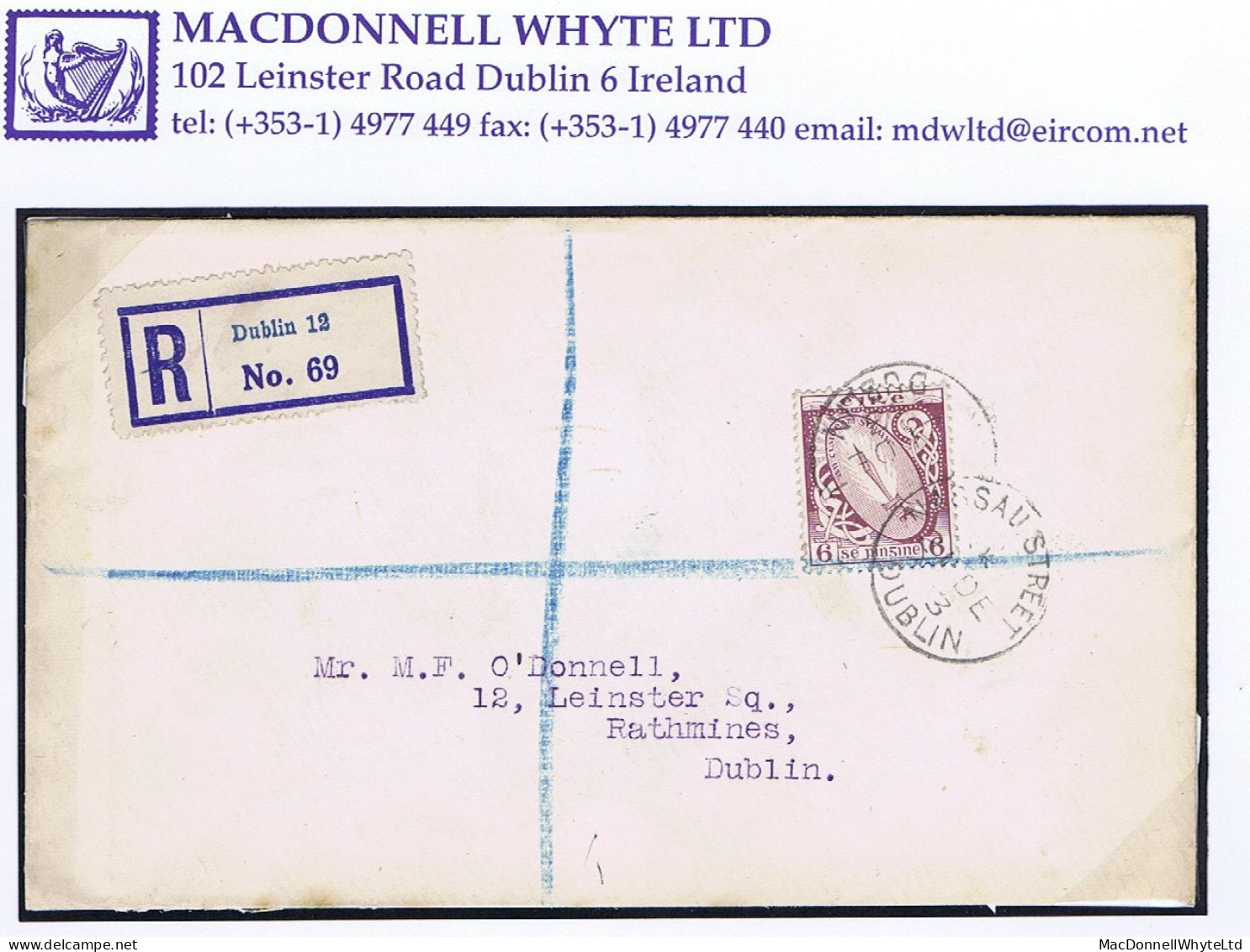 Ireland 1923 SE 6d Sword Definitive On Registered O'Donnell First Day Cover NASSAU STREET DUBLIN 21 DE 23 - FDC