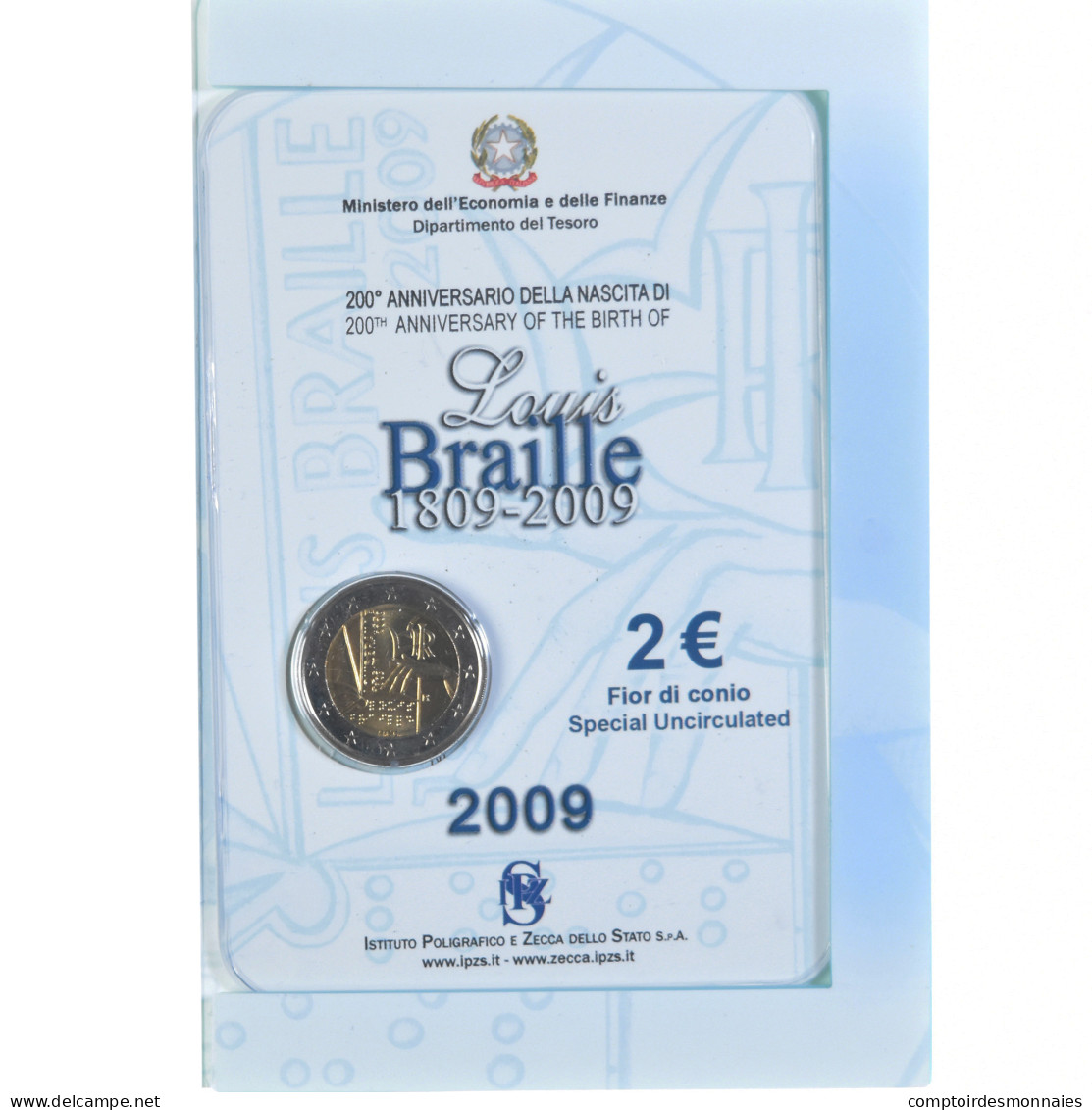 Monnaie, Italie, 2 Euro, 2009, Rome, LOUIS BRAILLE., FDC, Bimétallique, KM:310 - Gedenkmünzen