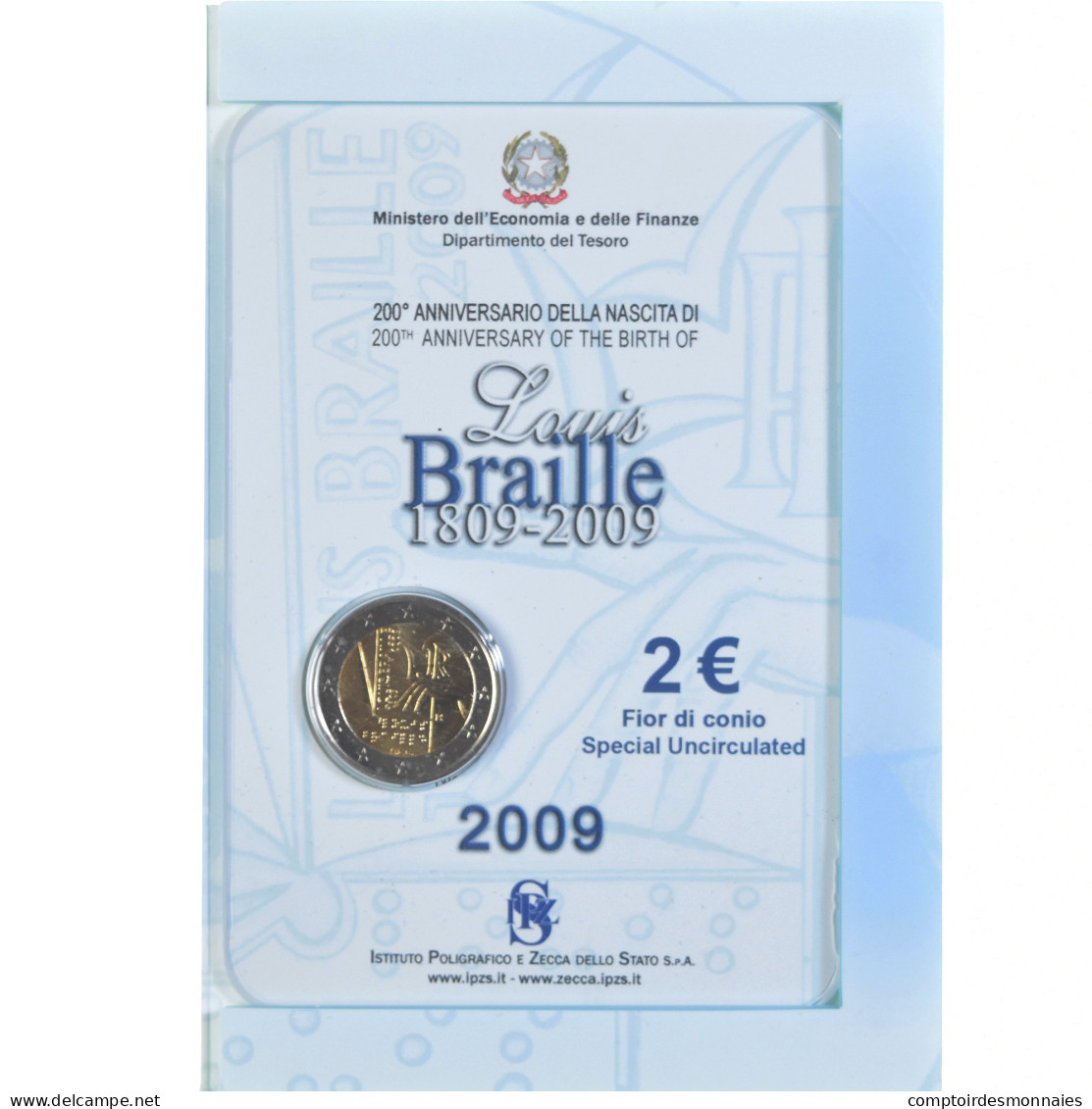 Monnaie, Italie, 2 Euro, 2009, Rome, LOUIS BRAILLE., FDC, Bimétallique, KM:310 - Commémoratives