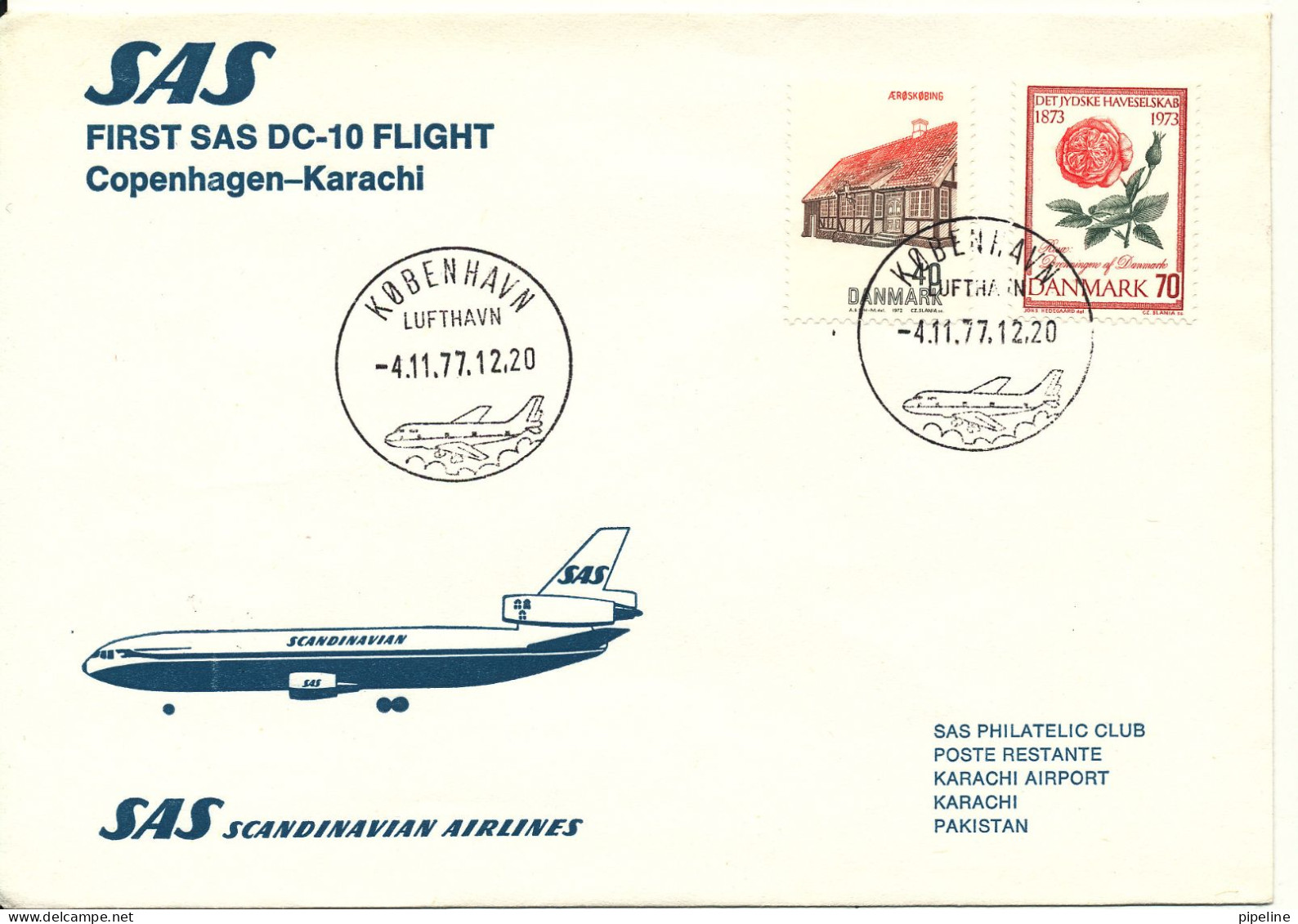 Denmark Cover First SAS DC-10 Flight Copenhagen - Karachi 4-11-1977 - Lettres & Documents