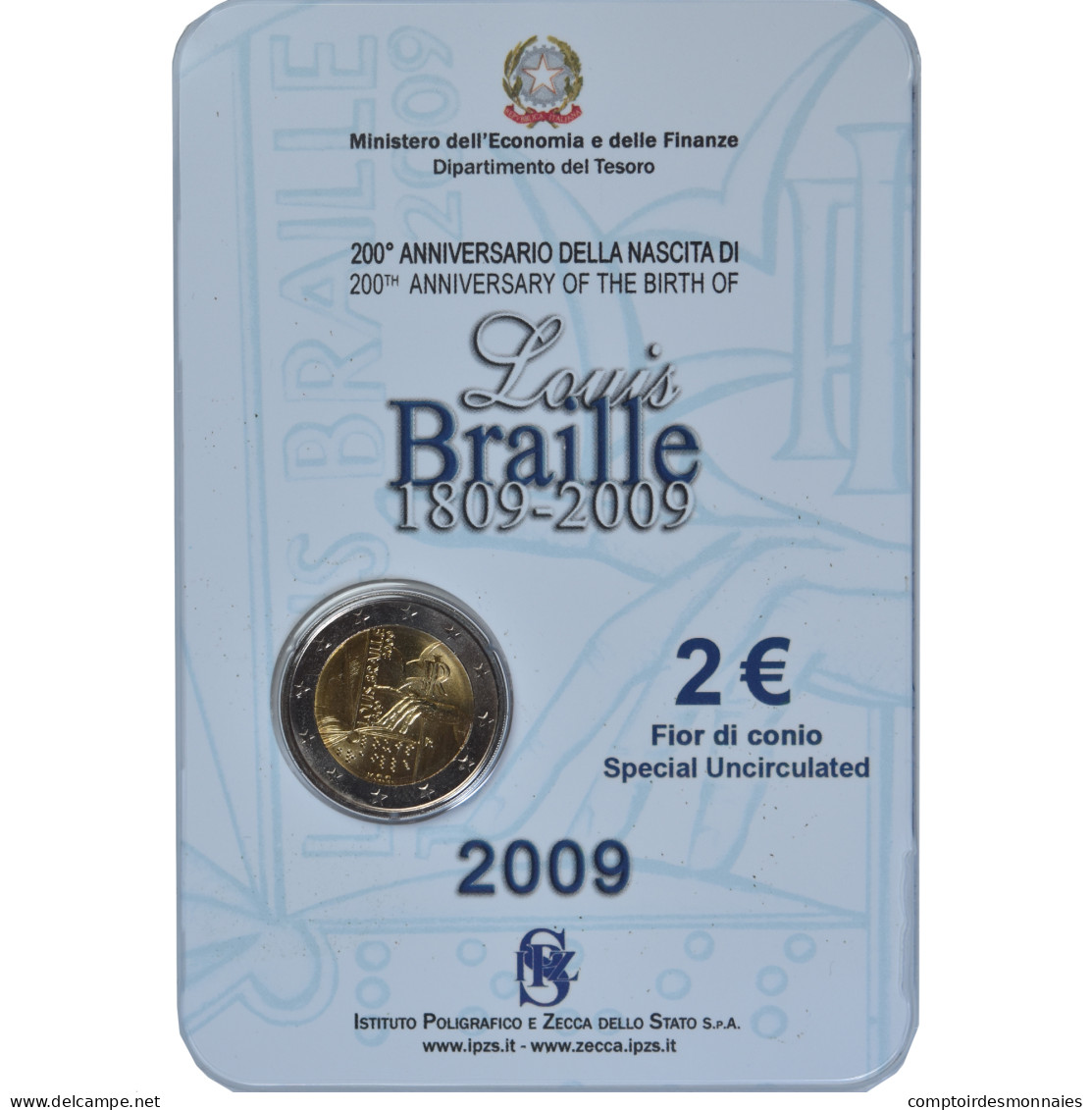 Monnaie, Italie, 2 Euro, 2009, Rome, LOUIS BRAILLE., FDC, Bimétallique, KM:310 - Commémoratives