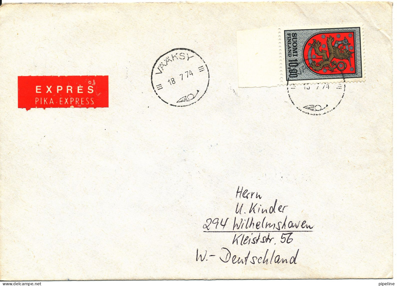 Finland Express Cover VAAKSY 18-7-1974 Single Franked And Sent To Germany - Briefe U. Dokumente