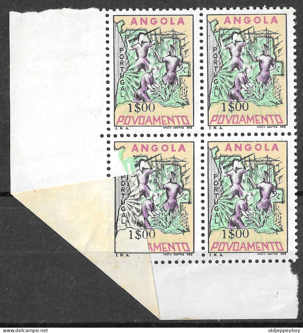 PORTUGAL ERROR VARIETY 1965  Postal Tax. Settlement. Angola Map BLOCK OF 4- FOLDED CORNER,PARTIAL BLACK COLOR Printing - Ongebruikt