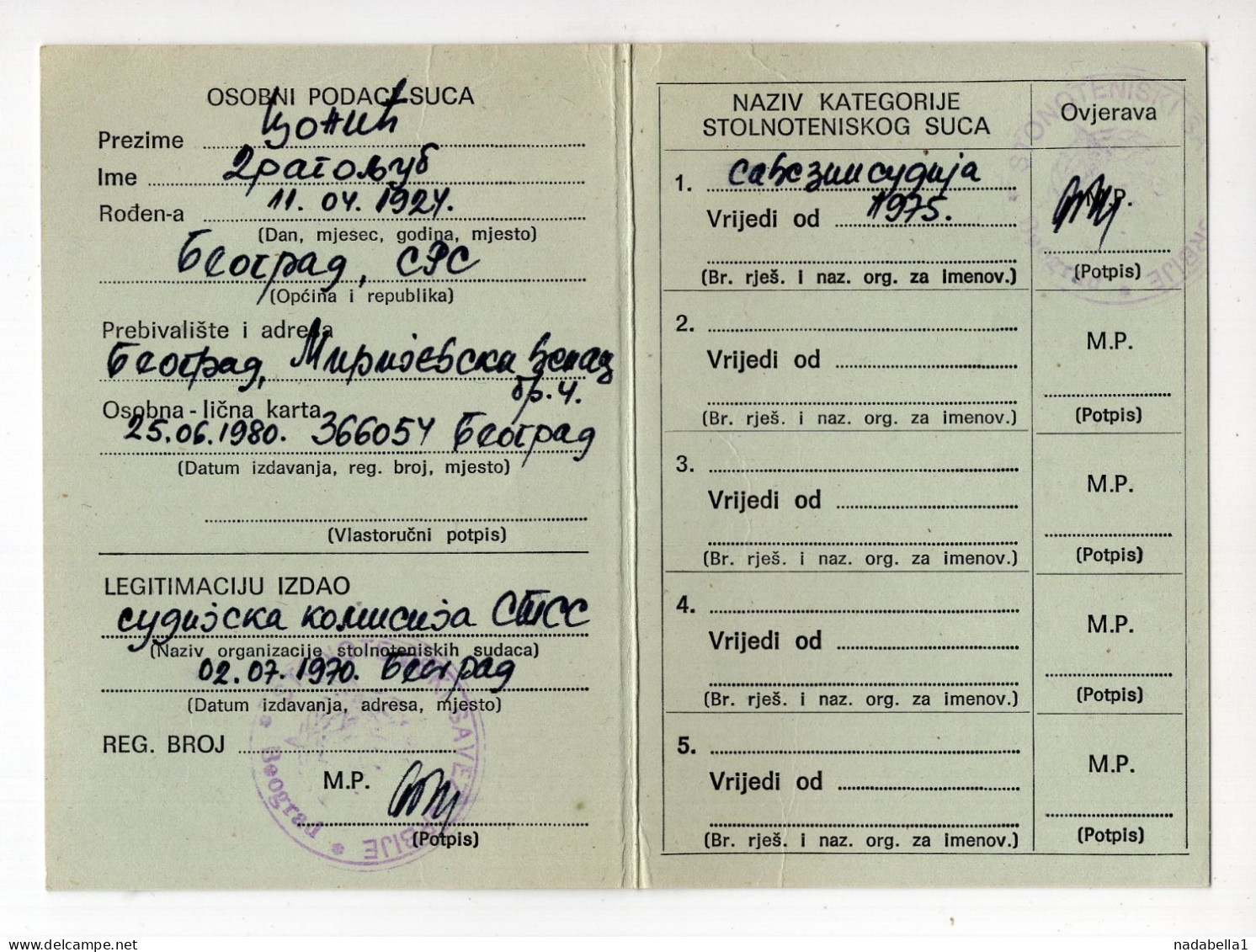 1975. YUGOSLAVIA,SERBIA,TABLE TENNIS REFEREE ID CARD,YUGOSLAV TABLE TENNIS ASSOCIATION - Tennis Tavolo