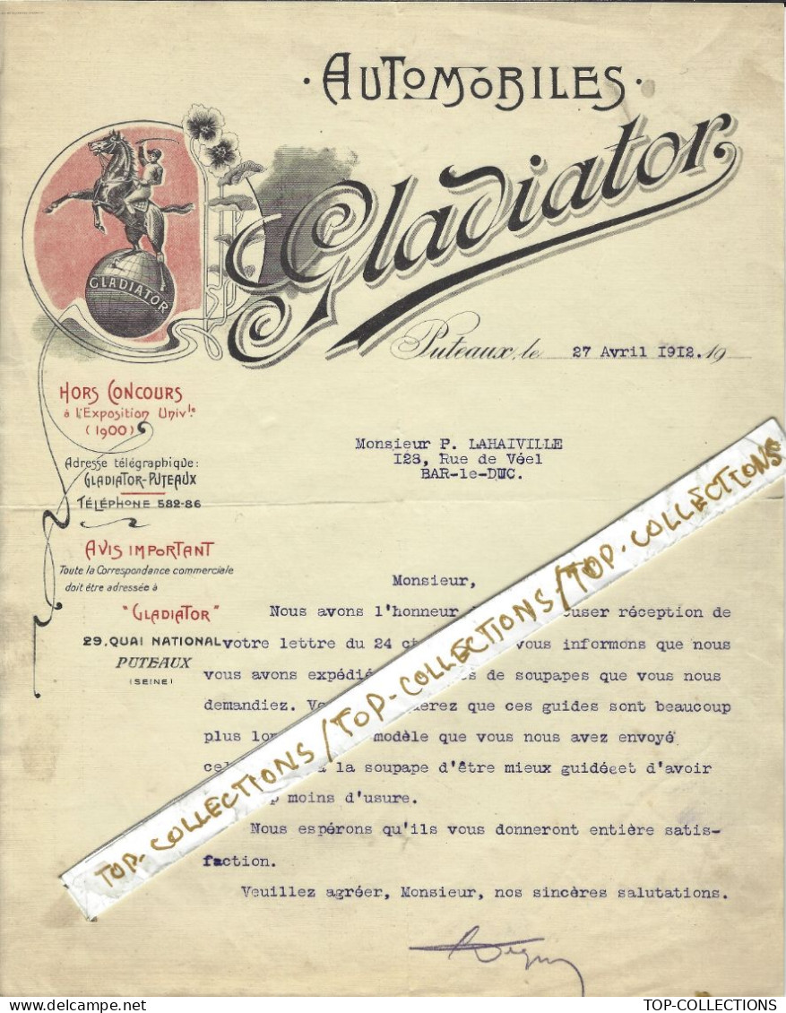 1912  ENTETE ART NOUVEAU Automobiles GLADIATOR  Puteaux Pour Garage Auto Lahaiville Barle Duc DOCUMENT TRES  RARE - 1900 – 1949