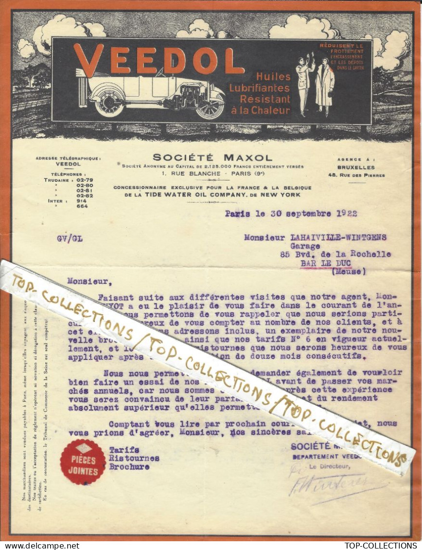 1922 RARE ENTETE VEEDOL HUILES LUBRIFIANTS AUTOMOBILES MOTEURS Sté Maxol Paris Pour Garage Autos Bar Le Duc - 1900 – 1949