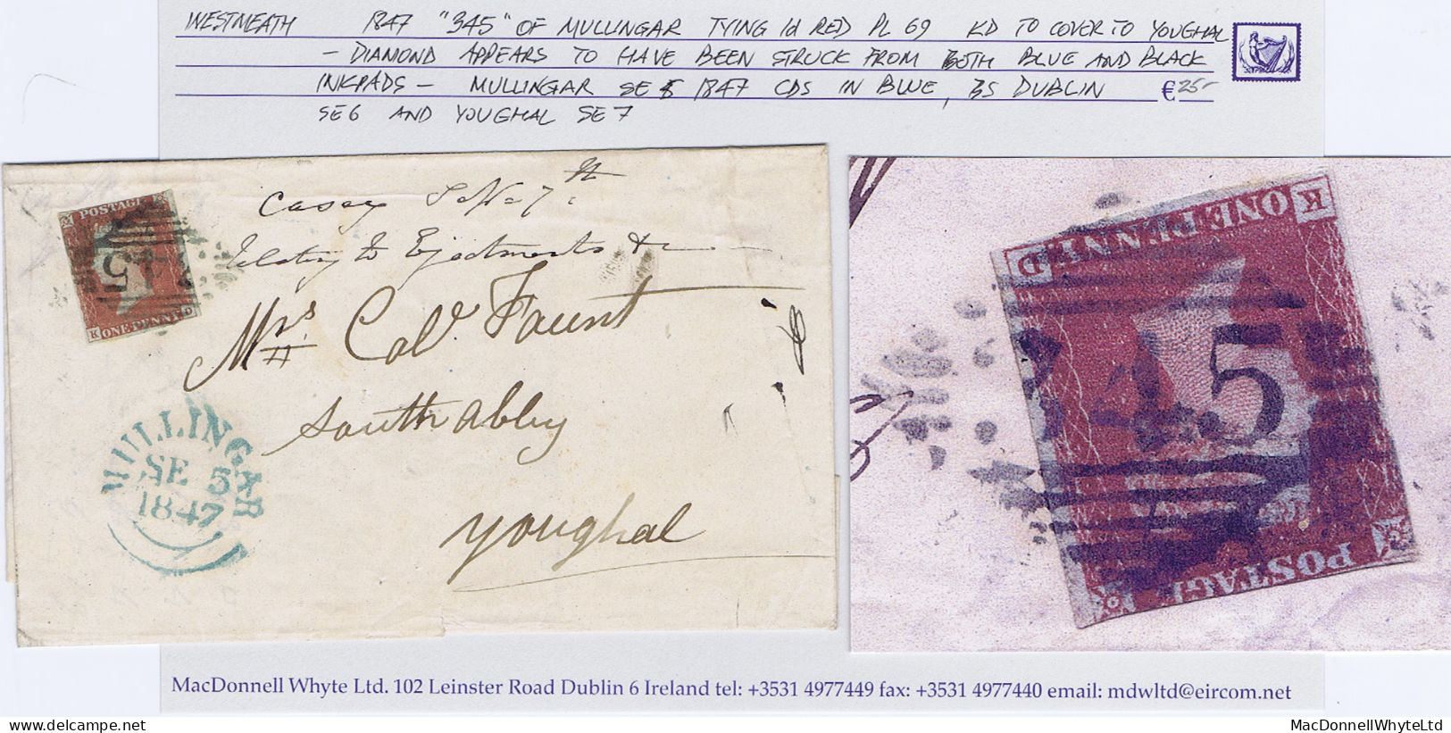 Ireland Westmeath 1847 Cover To Youghal With 1d Red Plate 69 KD Tied By "345" Of Mullingar, Green MULLINGAR SE 5 1847 Be - Prephilately