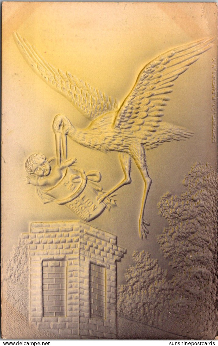 Birth Stork Delivering Baby Into Chimney 1907Embossed - Naissance