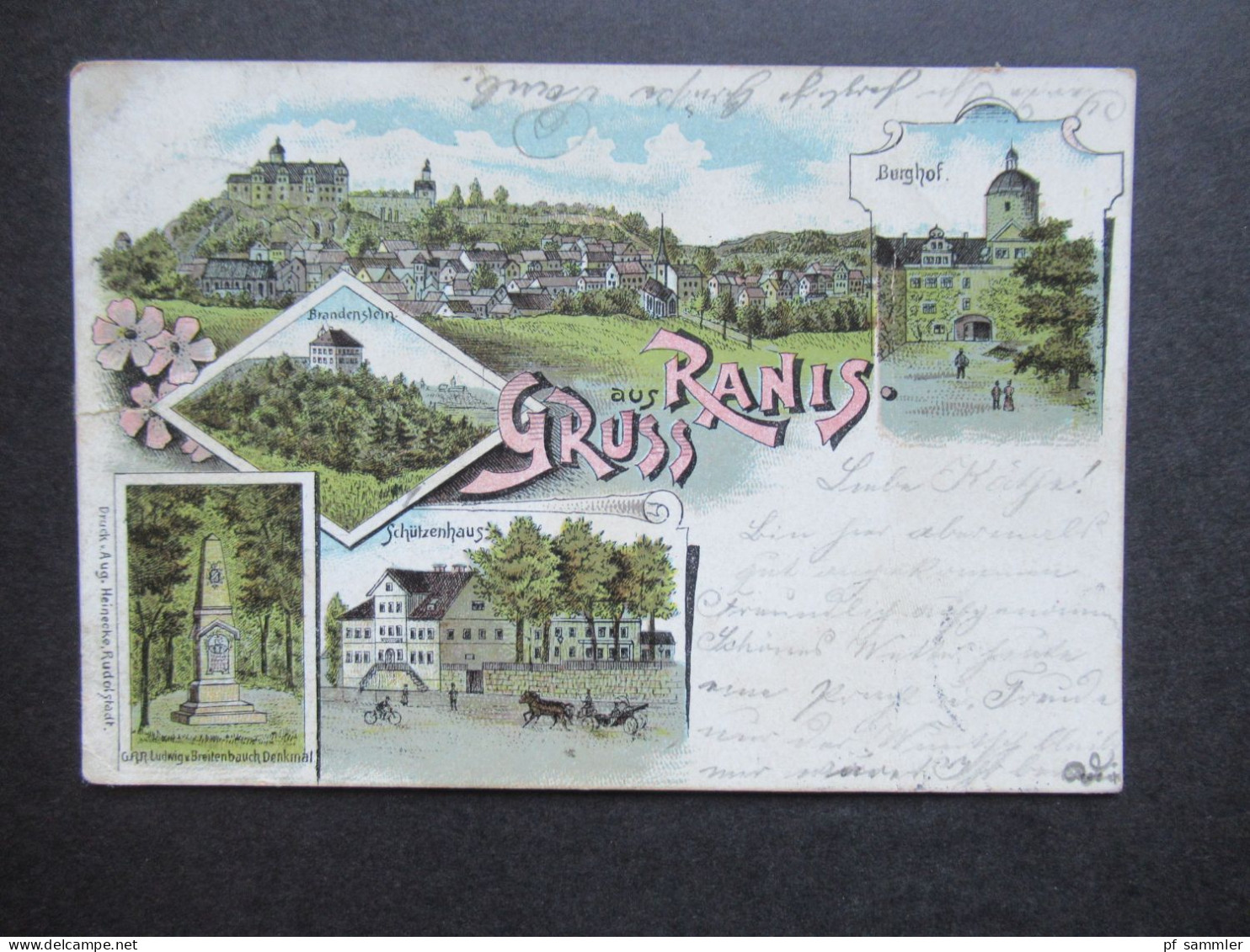 Litho 1901 Gruss Aus Ranis Mit Schützenhaus, Brandenstein Usw. Verlag Aug. Heinecke Abs. Gefreiter! Stp. Saalfeld - Souvenir De...