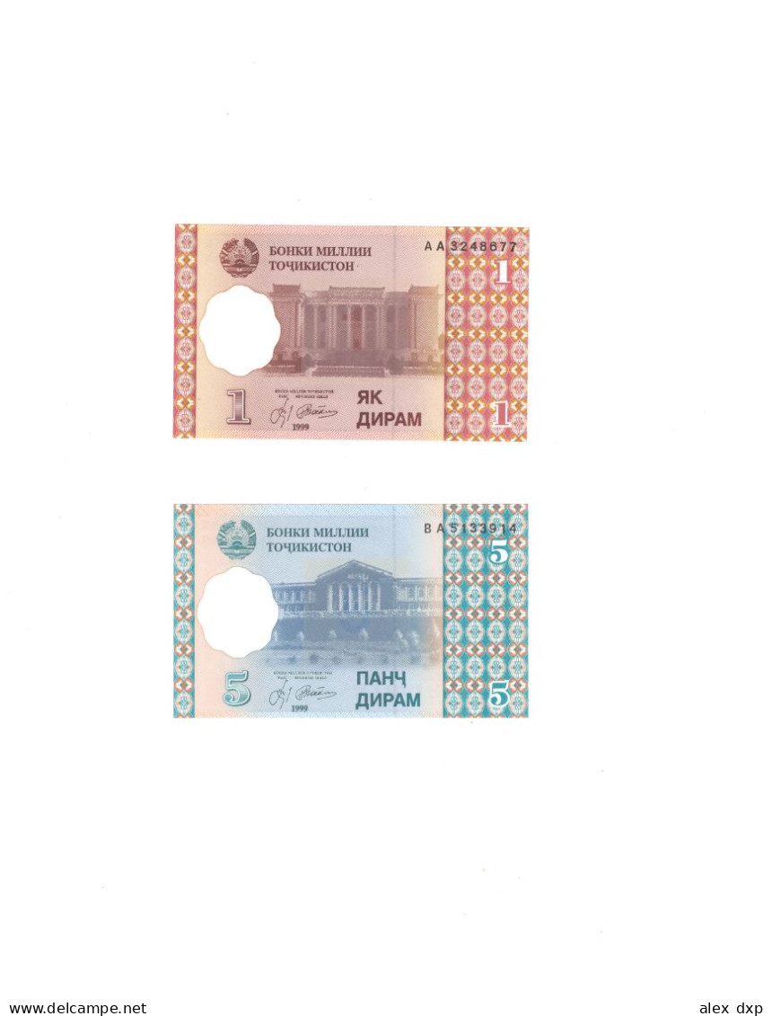 TADJIKISTAN P10a + P11a > 1 DIRAM + 5 DIRAM 1999, BOTH UNC - Tajikistan