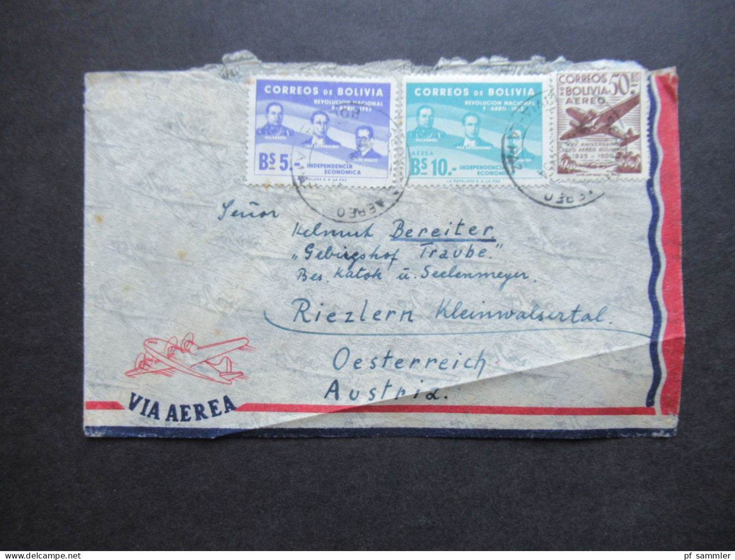Bolivien 1954 Via Aerea / Luftpost Nach Riezlern Österreich Mit Bahnpoststempel Lindau - Nürnberg Zug 00873 - Bolivie