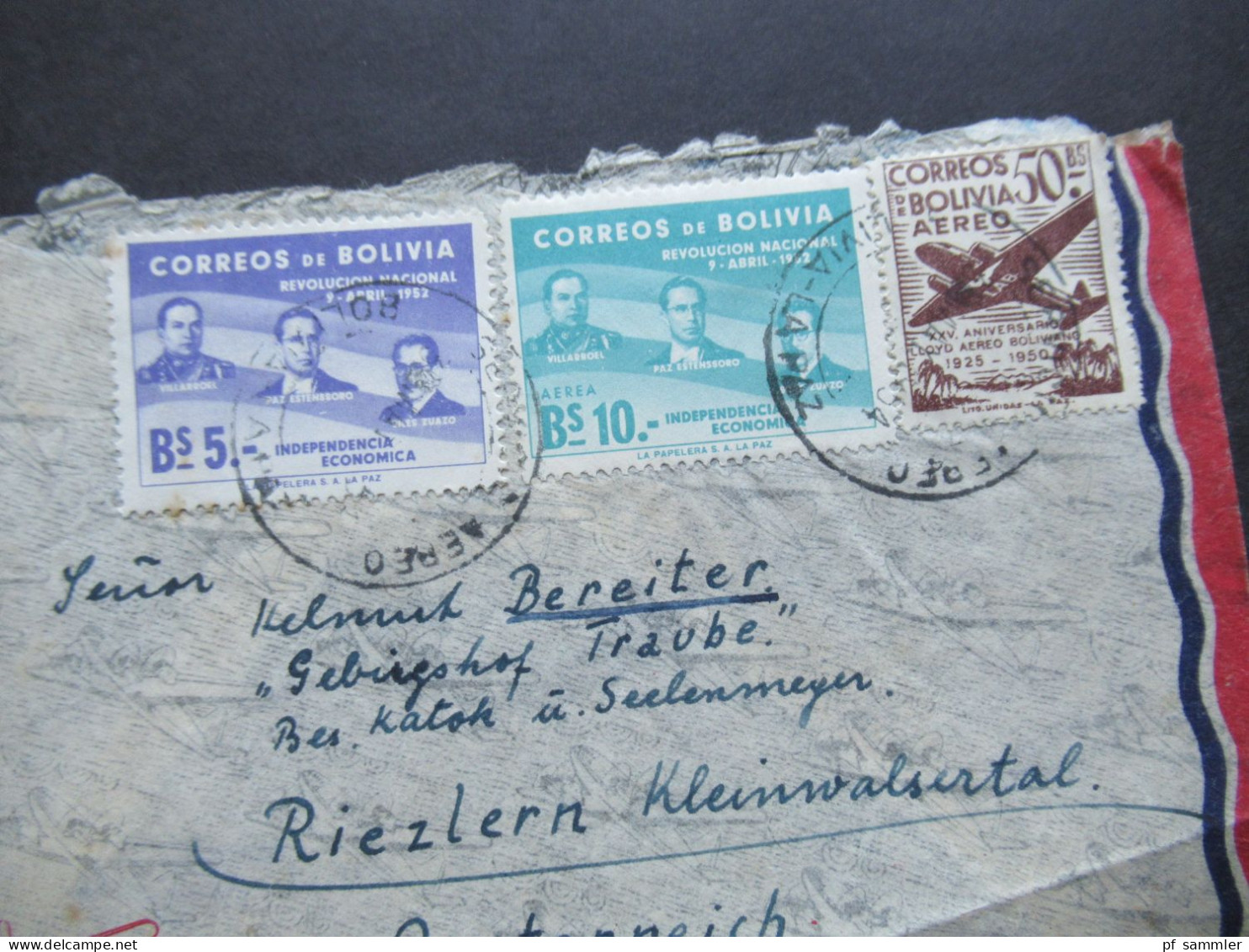Bolivien 1954 Via Aerea / Luftpost Nach Riezlern Österreich Mit Bahnpoststempel Lindau - Nürnberg Zug 00873 - Bolivië