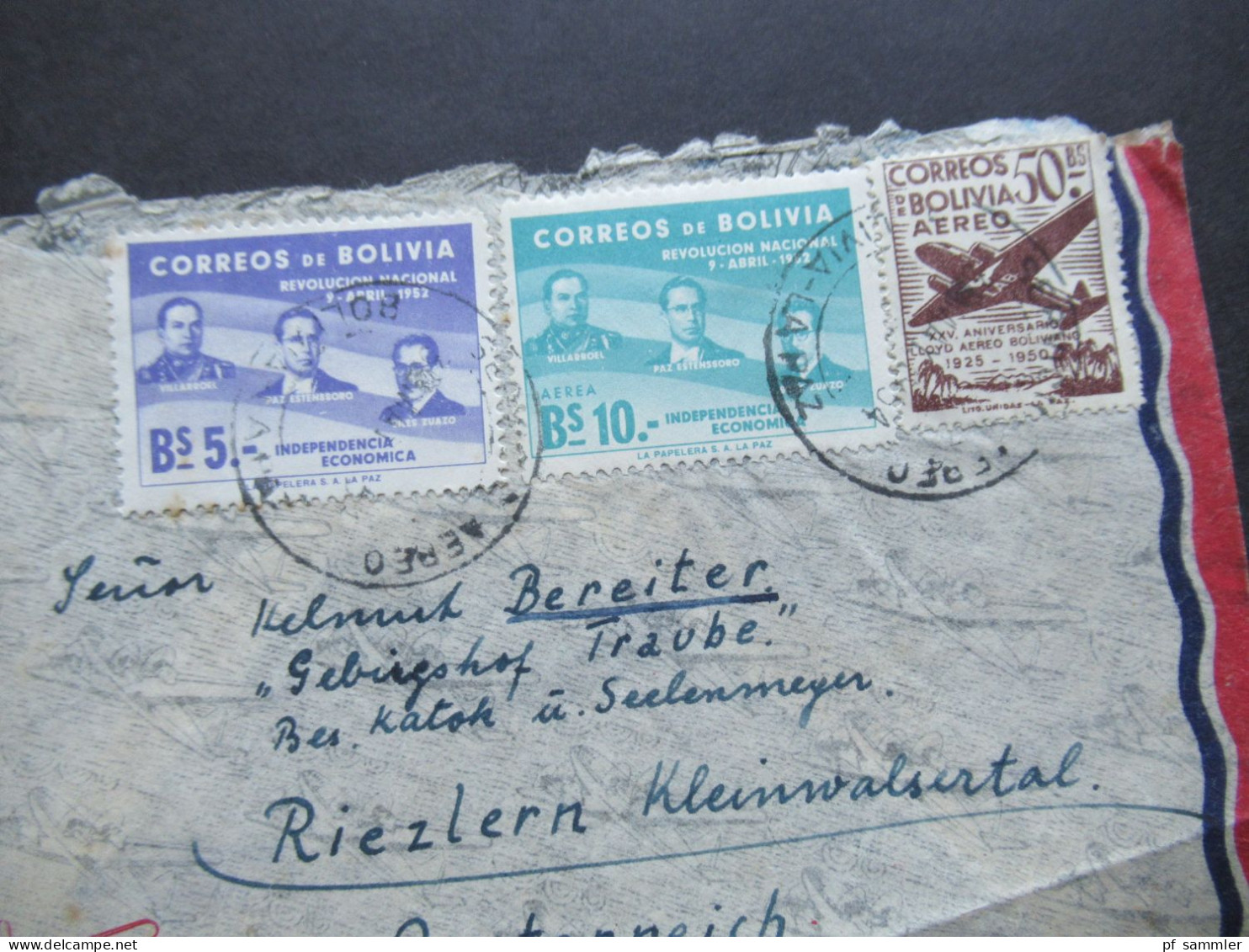 Bolivien 1954 Via Aerea / Luftpost Nach Riezlern Österreich Mit Bahnpoststempel Lindau - Nürnberg Zug 00873 - Bolivia